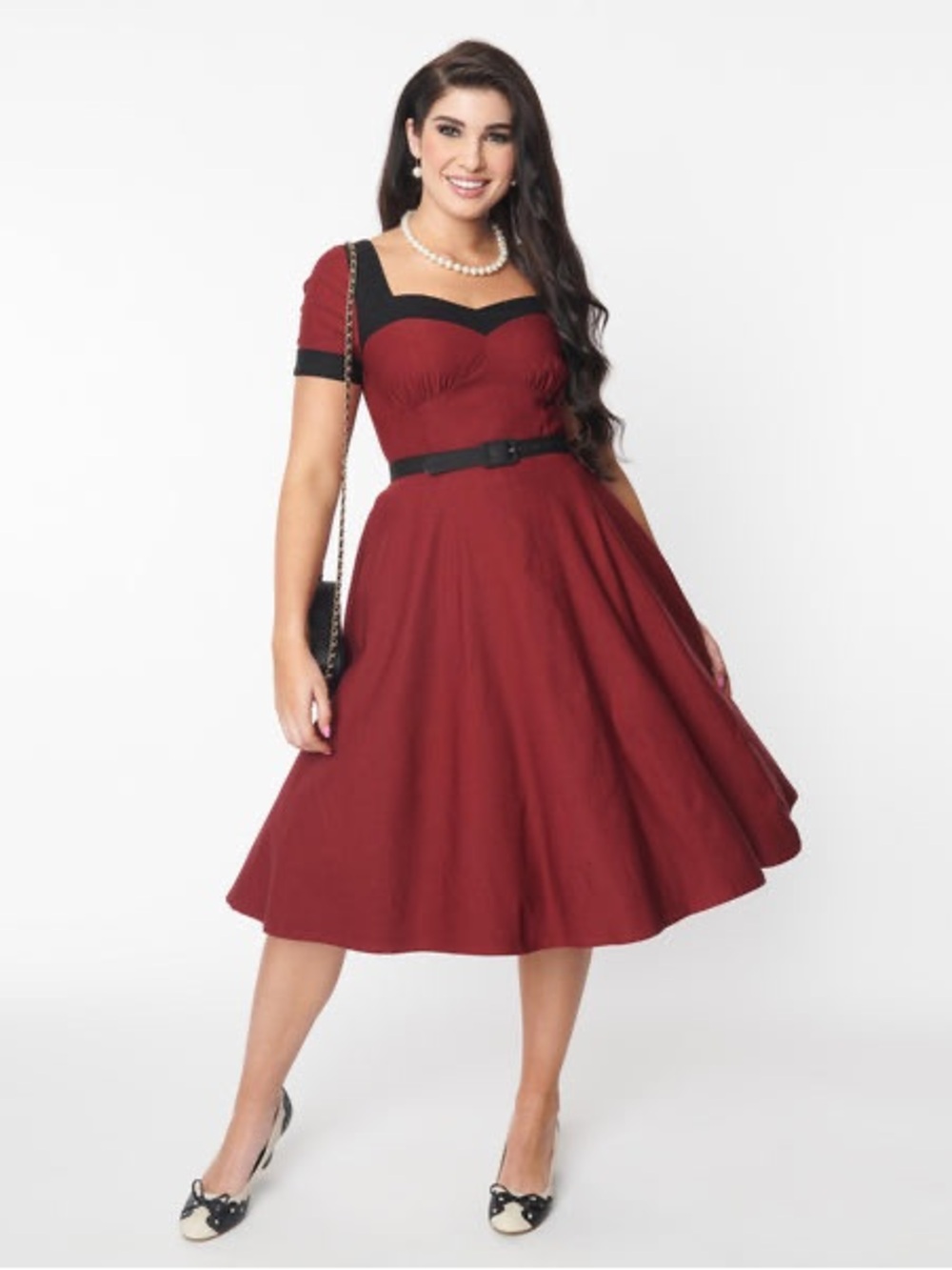 Unique Vintage Burgundy Midi Swing Dress with Black Trim
